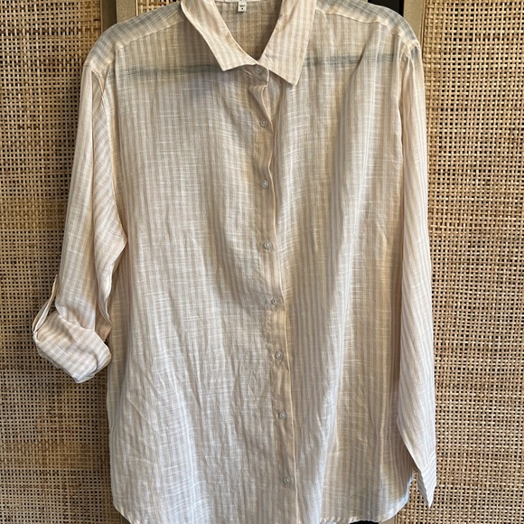 Sundry Pop Stripe Button Up. Tan/cream. Size L. - Picture 2 of 11